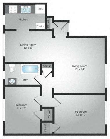 Floor plan for 2 beds, 1 bath, 845 sqft